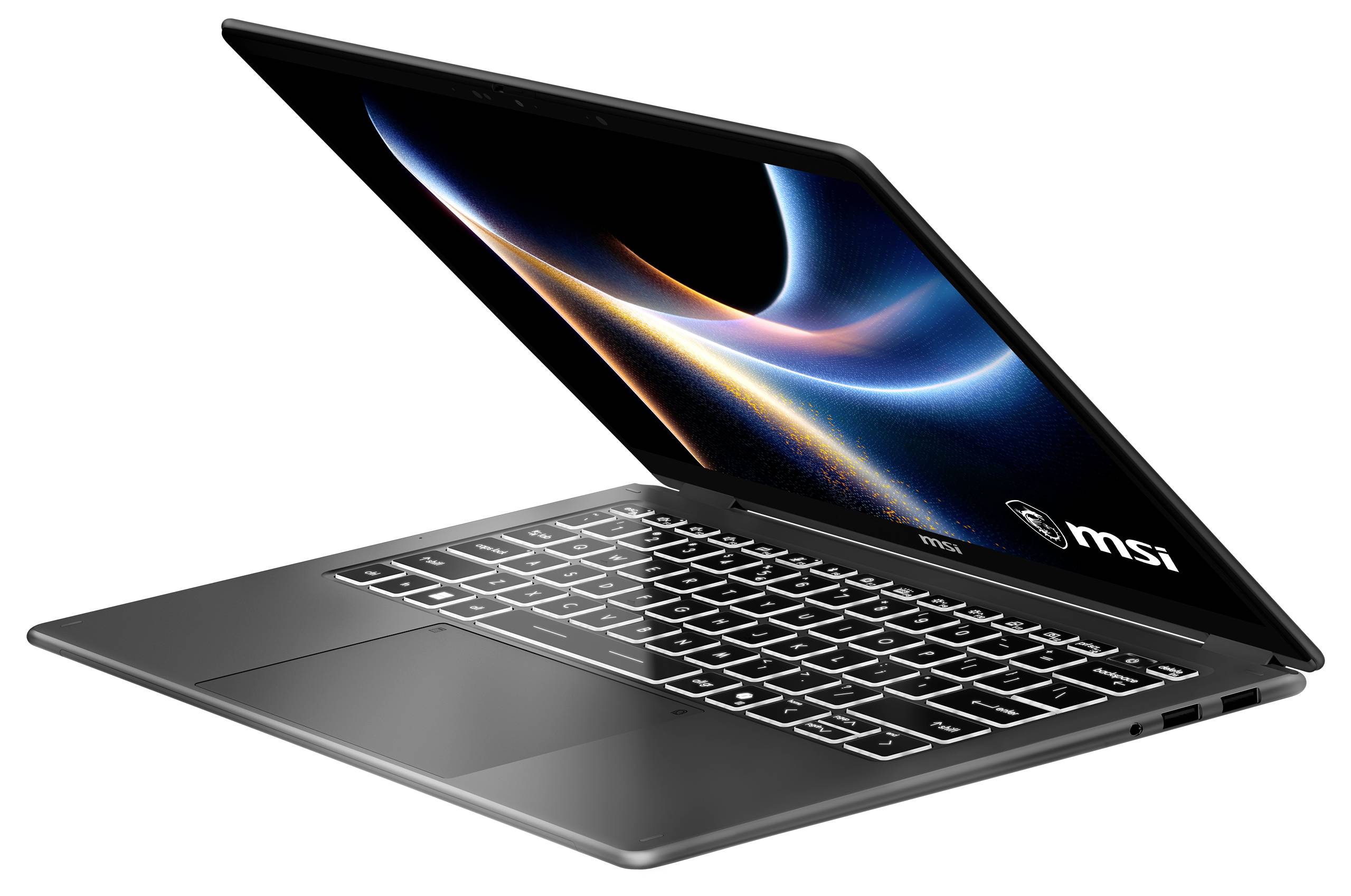 Offener MSI-Laptop im Winkel auf weißem Hintergrund mit beleuchtetem Display und sichtbarer Tastatur.