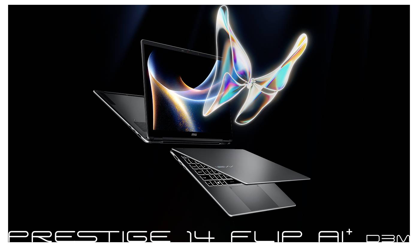 Werbebild von zwei eleganten schwarzen MSI-Laptops, einer aufgeklappt und einer teilweise eingeklappt, mit farbigen Lichtstreifen darüber und dem Text „PRESTIGE 14 FLIP AI+".