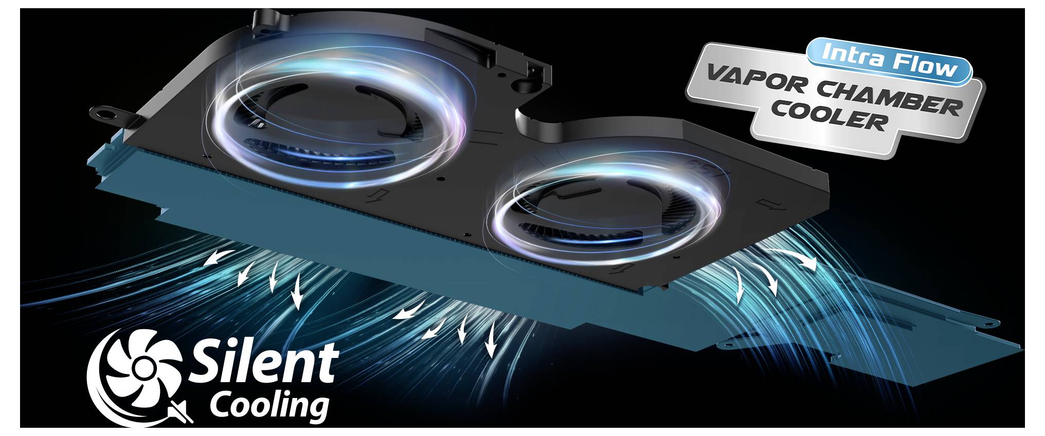 Werbegrafik eines Dual-Lüfter-„Intra Flow Vapor Chamber Coolers" mit „Silent Cooling"-Branding und Luftstromenpfeilen, die die Wärmeableitung zeigen.