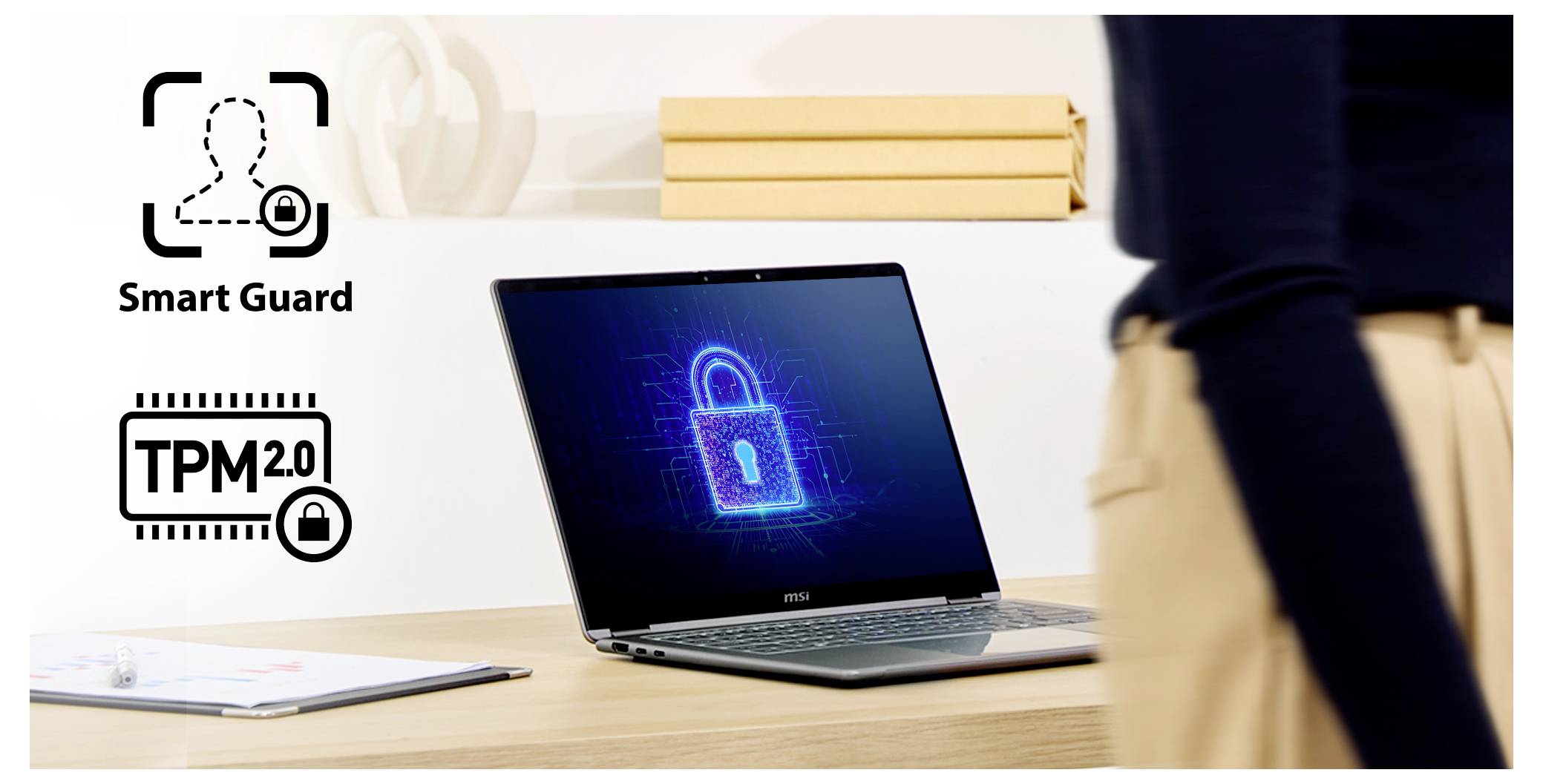 Laptop auf einem Schreibtisch zeigt ein leuchtendes Schlosssymbol an, mit "Smart Guard" und "TPM 2.0" Sicherheitsabzeichen daneben, was auf Geräteschutz hindeutet.