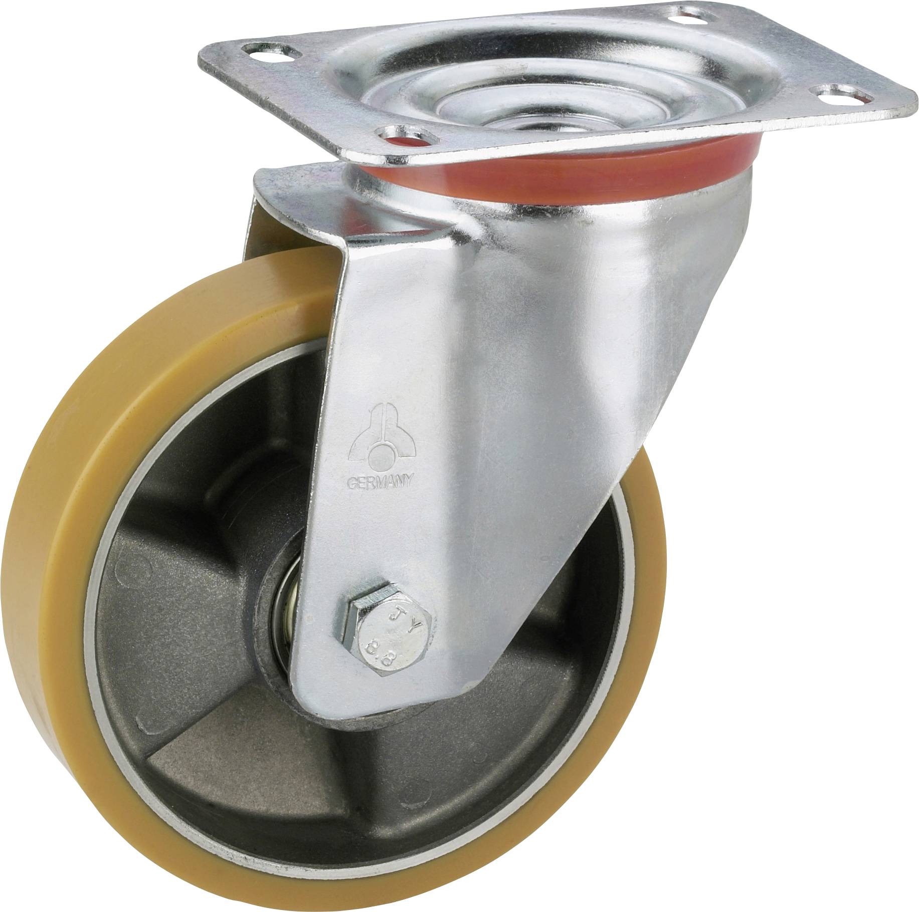 Metallgelenk-Laufrolle mit braunem Gummireifen und Befestigungsplatte, dargestellt auf weißem Hintergrund.