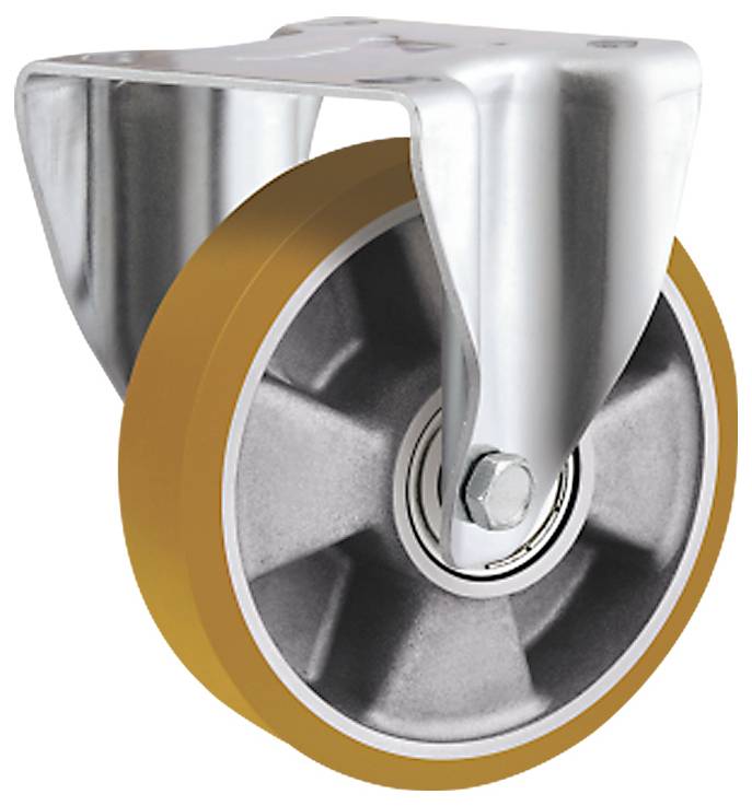 Nahaufnahme eines schwenkbaren Laufrades mit einer silbernen Metallhalterung und orange farbiger Lauffläche, die auf Wagen oder Ausrüstungen verwendet wird.