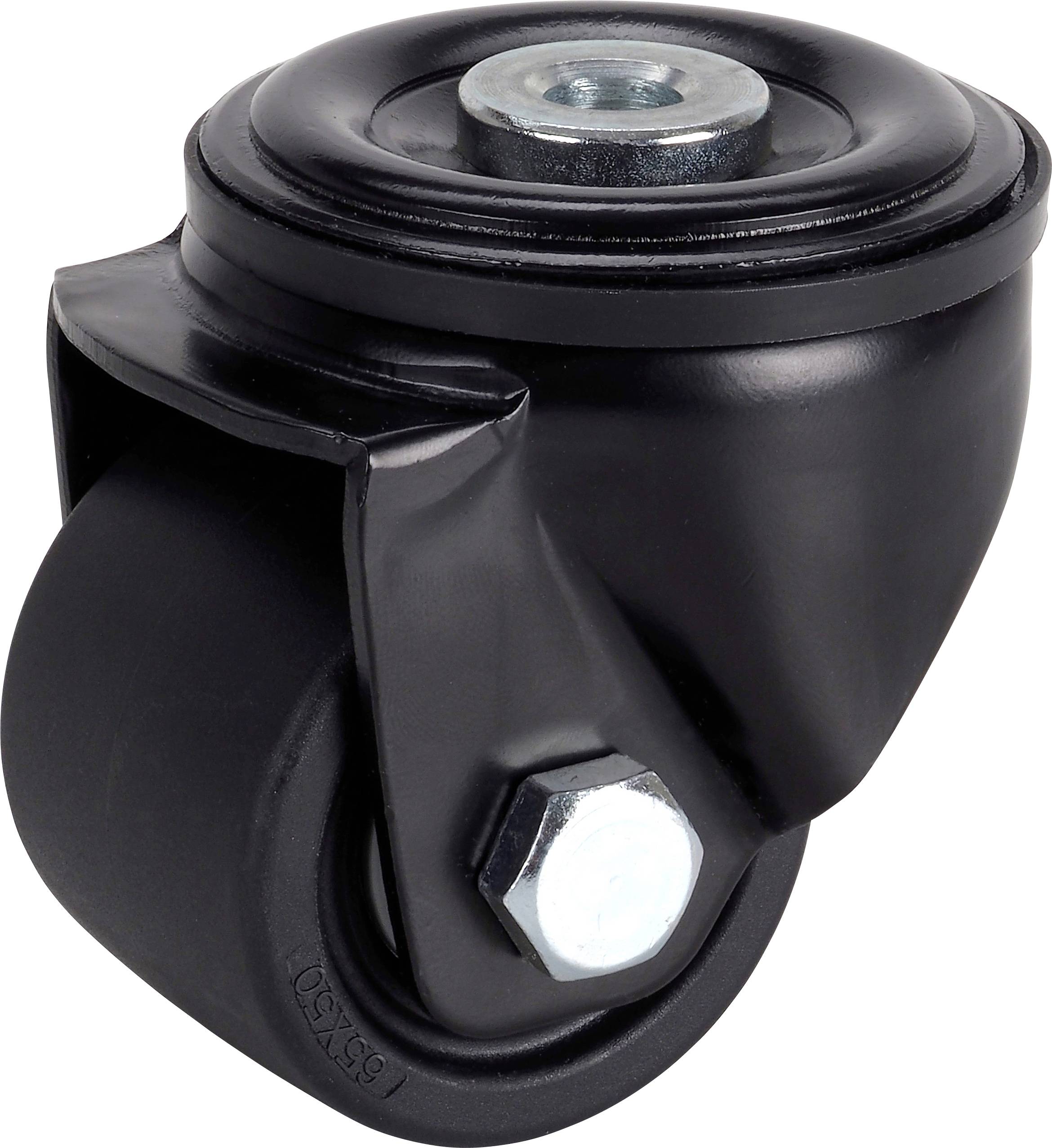 Schwarze Lenkrolle mit Metallachse und Seitenschraube auf weißem Hintergrund.