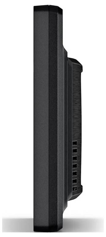 Seitenansicht eines schwarzen rechteckigen elektronischen Geräts mit belüftetem Rückenschild, dargestellt vor einem schlichten weißen Hintergrund.