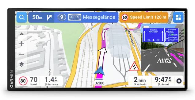 GPS-Navigationsbildschirm mit Route auf der A100, Fahrspurführung, 2 Minuten verbleibend, 1,4 km Entfernung und Geschwindigkeitsbegrenzung 120 km/h.