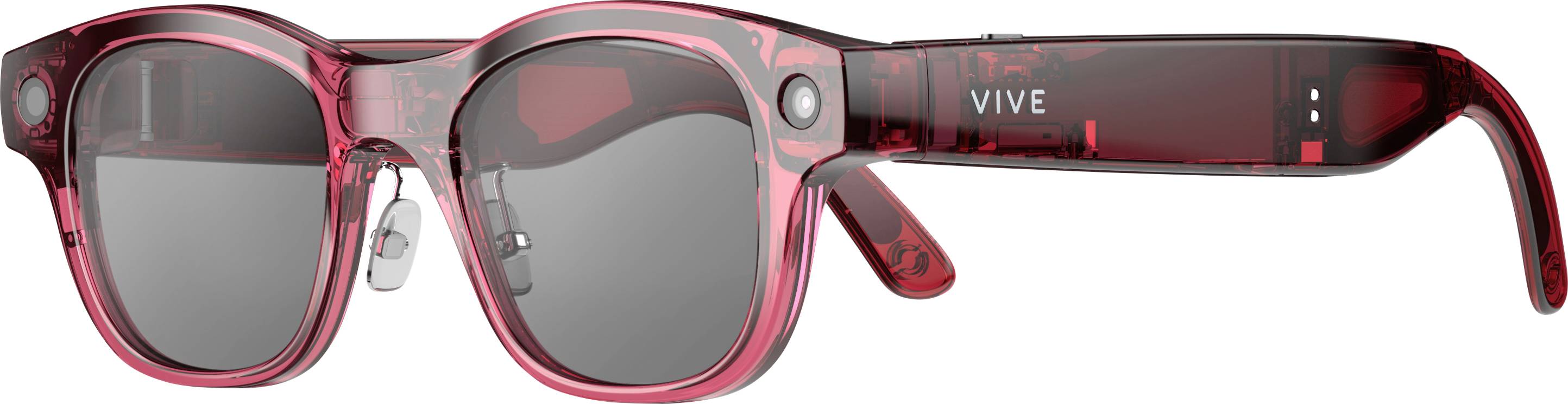 Rote und schwarze VIVE Smart-Sonnenbrille mit getönten Gläsern, integrierter Kamera und dicken Bügeln, auf weißem Hintergrund dargestellt.