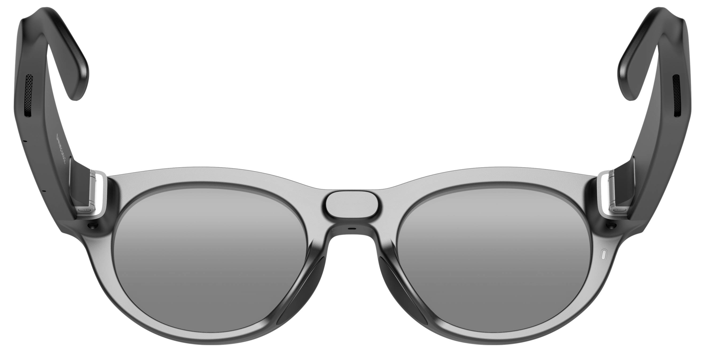 Schwarze Übergriff-Smart-Brille mit dunklen Gläsern und seitlich angebrachten Bügeln, gezeigt vor weißem Hintergrund.