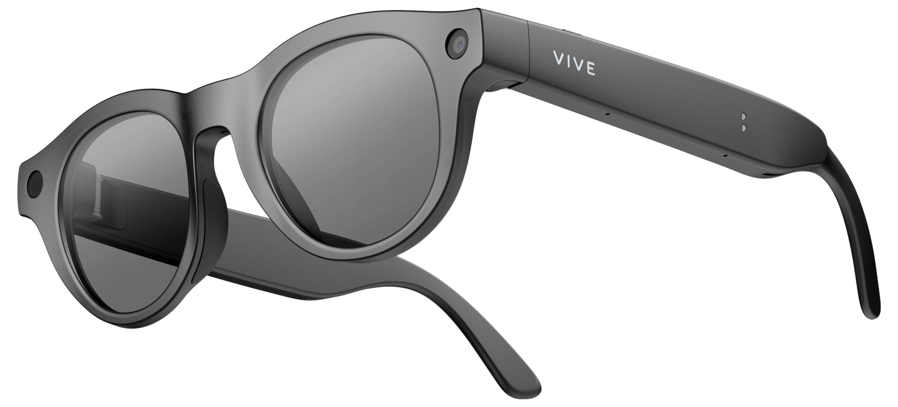 Schwarze VIVE Smart Glasses mit dunklen Gläsern, in Vorderansicht vor weißem Hintergrund dargestellt.