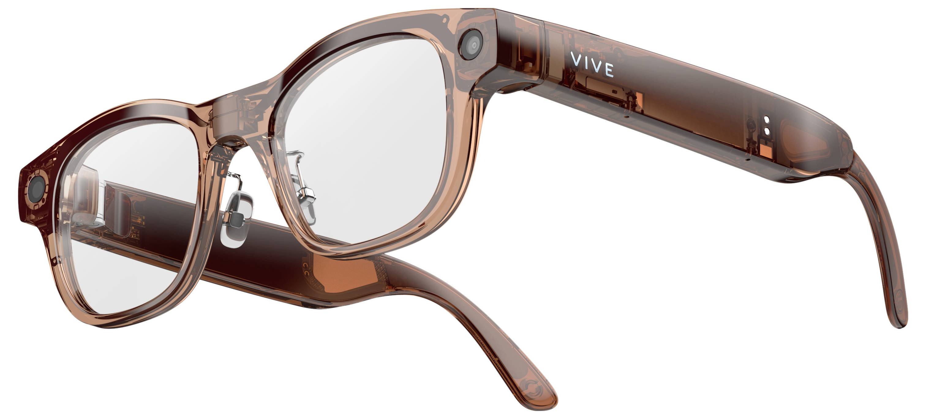 Braune durchscheinende Smart Glasses mit integriertem "VIVE"-Branding auf dem Bügel, dargestellt in Seitenansicht auf weißem Hintergrund.