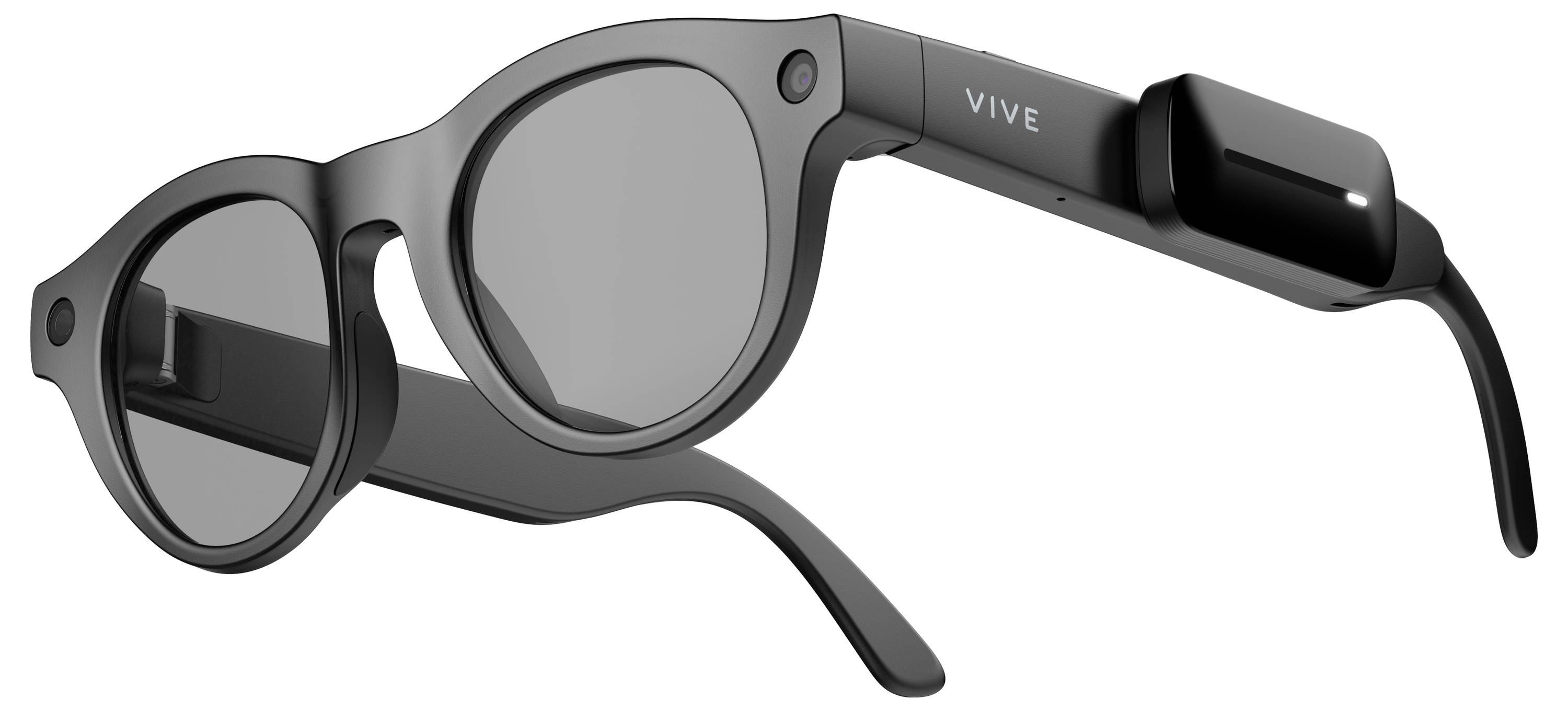 Schwarze runde Sonnenbrillen oder smarte Brille mit dicken Rahmen und dunklen Gläsern auf weißem Hintergrund, mit der Aufschrift „VIVE" auf dem Bügel.