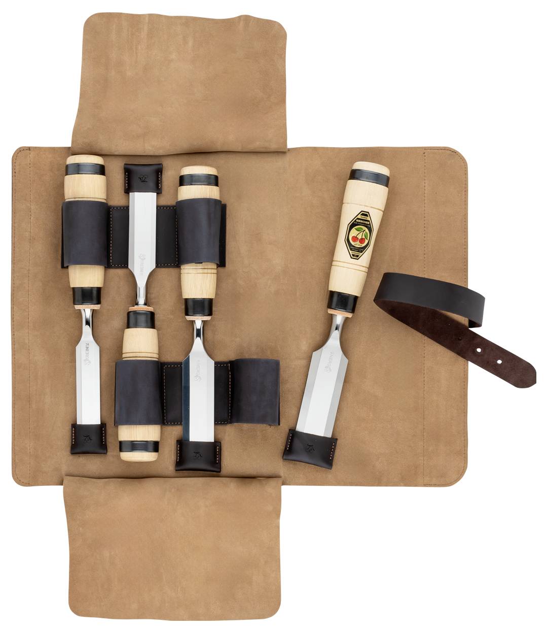 Lederrolltasche für Messer offen mit fünf Messern, die in schwarzen Riemen gesichert sind, plus ein loses Messer und Riemen auf der rechten Seite.