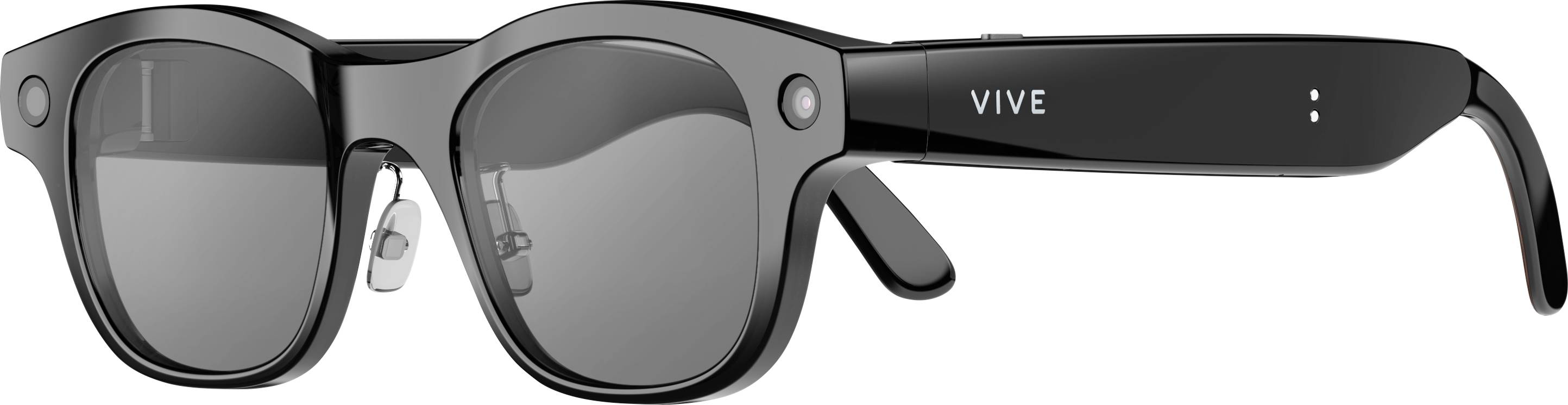 Schwarze VIVE-Smartglass mit dunklen Gläsern, dicken rechteckigen Rahmen und integriertem Seitenbügel, in Seitenansicht auf weißem Hintergrund dargestellt.