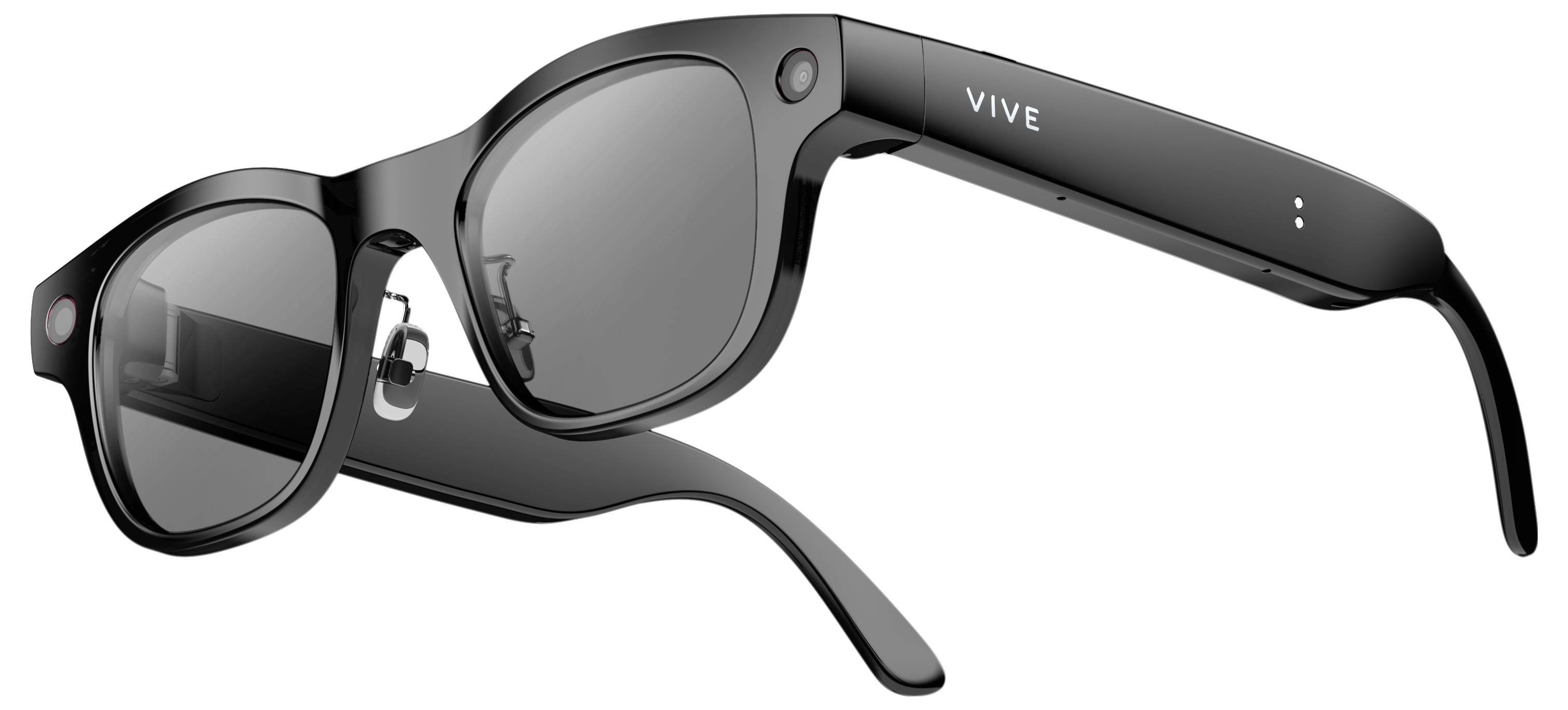 Schwarze VIVE Smart Glasses mit dunklen Gläsern und integrierten Seitenbügeln, auf weißem Hintergrund dargestellt.
