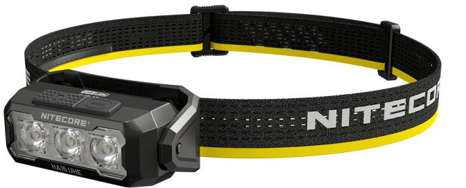 Nitecore-Kopflampe mit verstellbarem elastischem Riemen, gezeigt in Schwarz und Gelb, mit rechteckiger Lichteinheit mit mehreren LEDs.