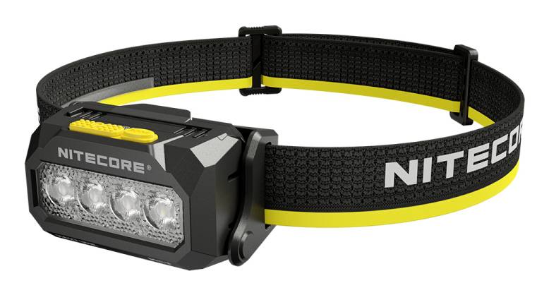 Schwarze NITECORE-Stirnlampe mit drei LED-Birnen und verstellbarem schwarz-gelbem Kopfband auf weißem Hintergrund.