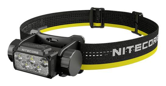 Schwarze Nitecore-Kopflampe mit verstellbarem elastischen Riemen und frontalem LED-Leuchtmodul, gezeigt auf weißem Hintergrund.