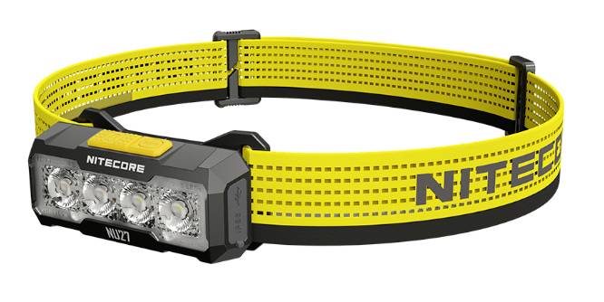 Gelbe NITECORE LED-Stirnlampe mit verstellbarem Elastikband und rechteckiger Frontleuchteneinheit auf weißem Hintergrund.