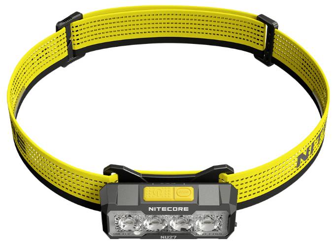 Gelbe verstellbare Stirnlampe mit vorne montierter Nitecore-Leuchte und drei LEDs.
