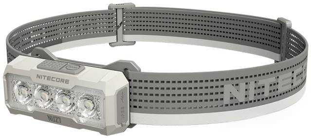 Graue NITECORE LED-Stirnlampe mit verstellbarem perforiertem Riemen, gezeigt in zusammengeklapptem Zustand mit vier vorderen Leuchten und auf dem Band sichtbarem Logo.