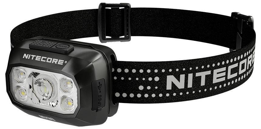Nitecore Stirnlampe mit verstellbarem elastischem Riemen und fünf LED-Leuchten an der Vorderseite.
