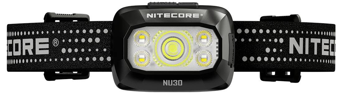 Schwarze Nitecore NU30 Stirnlampe mit verstellbaren punktierten Gurten, zeigt die vordere Lichteinheit und den Markennamen.