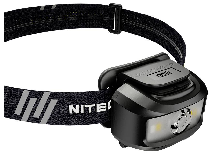 Schwarze Nitecore-Kopflampe mit verstellbarem elastischem Kopfband und frontal angebrachtem LED-Licht auf weißem Hintergrund.