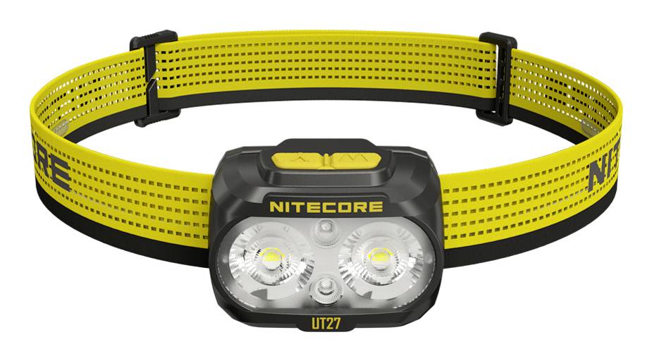 Gelbe NITECORE UT27 Dual-Kopflampe mit verstellbarem Kopfband und nach vorne gerichteter LED-Lichteinheit auf weißem Hintergrund