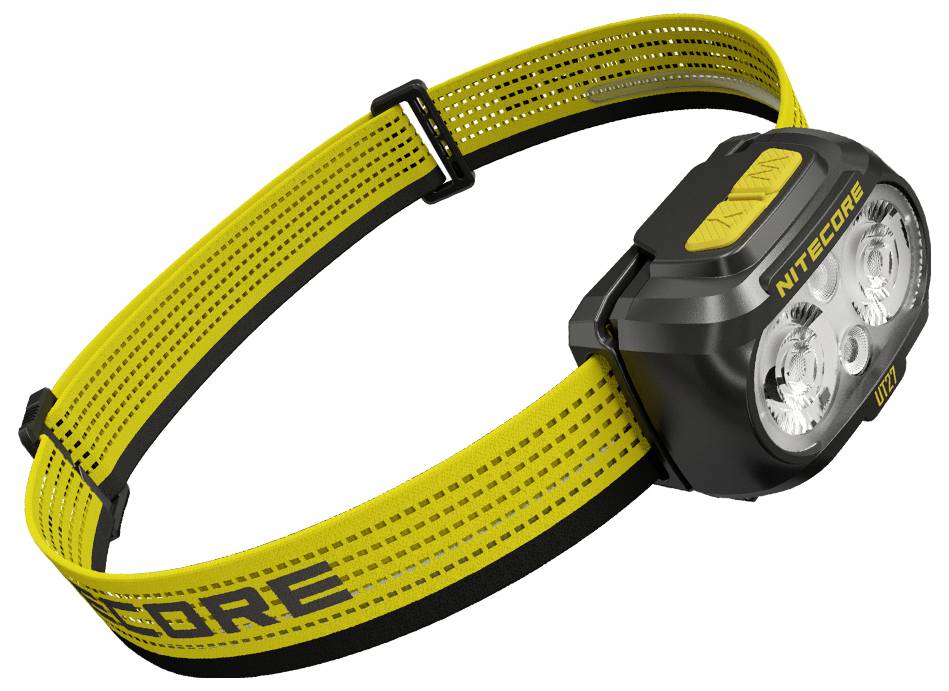 Schwarze und gelbe Nitecore-Stirnlampe mit verstellbarem elastischem Kopfband, auf weißem Hintergrund gezeigt.