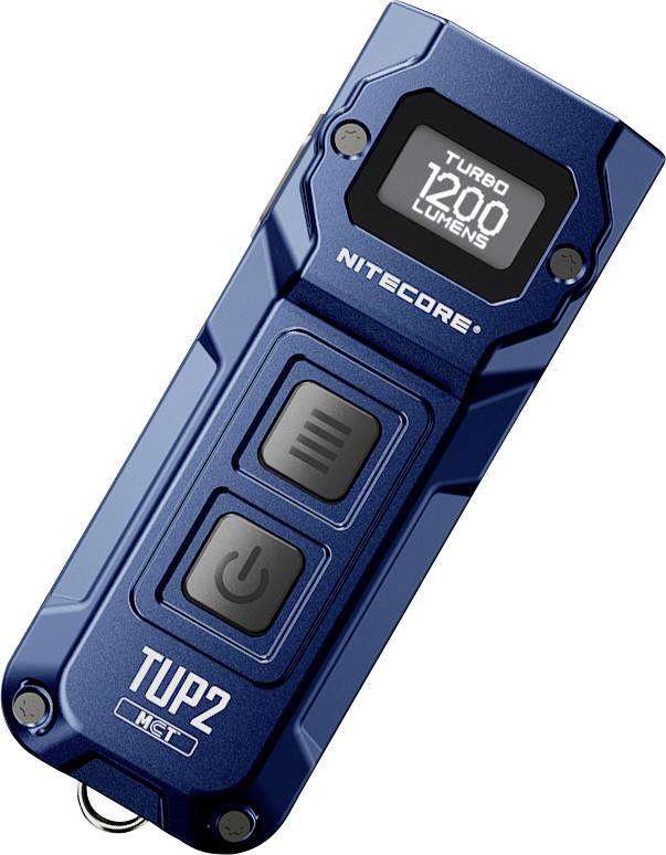 Blauer Nitecore TIP2 LED-Schlüsselbund-Taschenlampe, beschriftet mit 