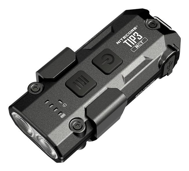 Schwarze wiederaufladbare Nitecore TIP3 LED-Schlüsselbund-Taschenlampe mit dualen vorderen LEDs und Seitentasten, gezeigt auf weißem Hintergrund.