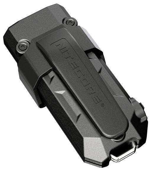 Schwarze Nitecore-Marken-Hartschalenholster für Geräte oder Taschenlampen auf weißem Hintergrund, mit sichtbarem Befestigungsclip und Metallschlaufe.