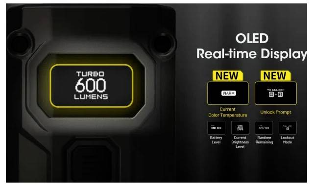 Produktgrafik mit OLED-Echtzeit-Display für ein TURBO 600 LUMENS-Gerät, mit neuen Indikatoren für Farbtemperatur im Warmtonbereich und Entsperrungsaufforderung.