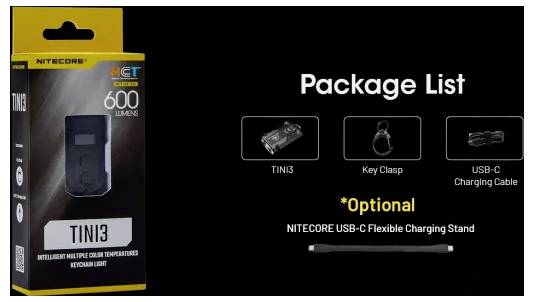Nitecore TINI3 Schlüsselbundleuchte Paketliste mit der Leuchte, Schlüsselhalter, USB-C-Ladekabel und optionalem USB-C-Flexladegerat.