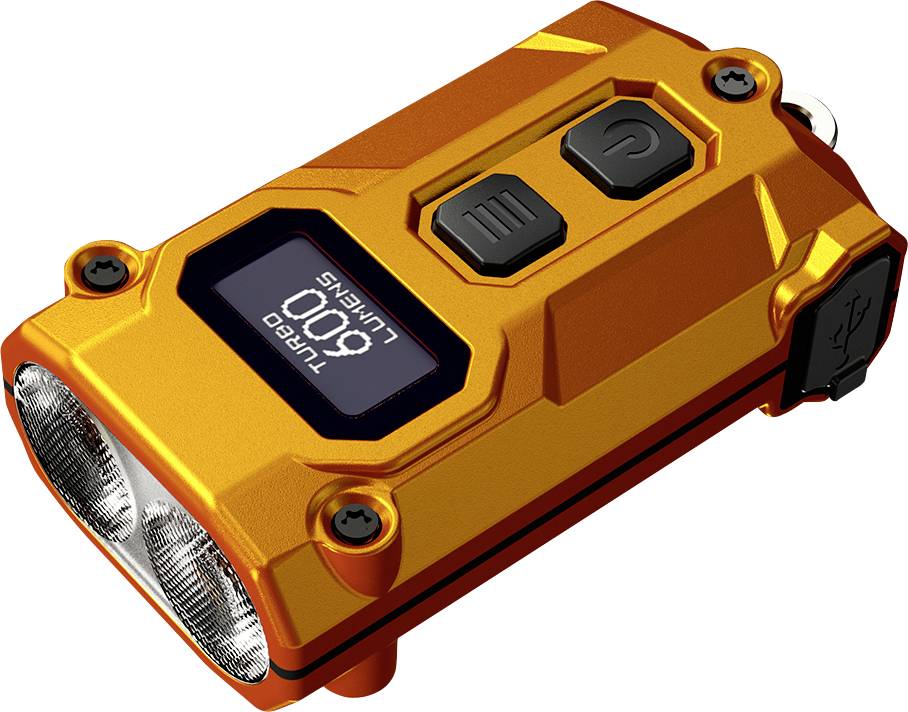 Orange LED-Taschenlampe mit Wiederaufladung, zwei Frontleuchten, Stromschalter und Modusschalter sowie digitalem Display mit der Anzeige „Turbo 600 Lumen