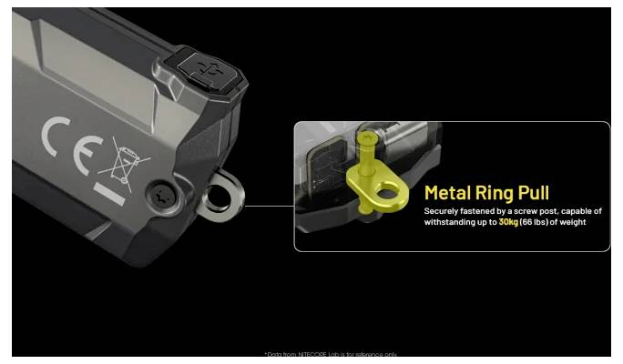 Nahaufnahme einer Gerätecke mit einem Metallringgriff; der Ausschnitt hebt den "Metallringgriff" hervor, der durch einen Schraubenpfosten gesichert ist und einer Last von bis zu 30 kg standhalten kann.