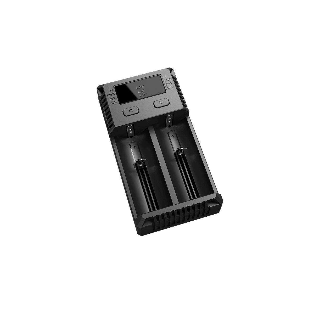 Schwarzes Dual-Bay-Batterieladegerät mit LCD-Display und zwei aufladbaren Steckplätzen, dargestellt auf weißem Hintergrund.