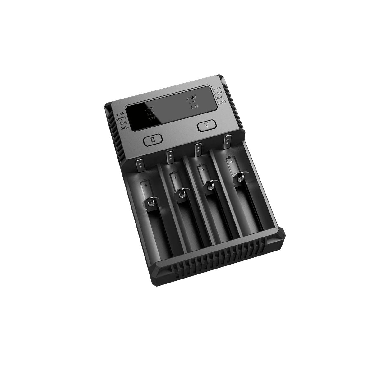 Vierschacht-Batterieladegerät mit LCD-Display und zwei Tasten, in schräger Ansicht auf weißem Hintergrund dargestellt.
