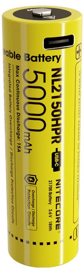Gelbe wiederaufladbare 21700-Lithium-Batterie mit der Beschriftung "NL2150HPIR", "5000mAh" und "USB-C", aufrecht dargestellt.