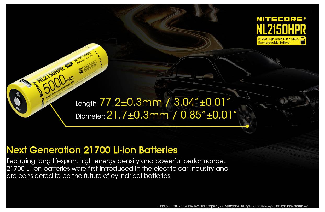 Werbegrafiik für Nitecore NL2150HPR wiederaufladbare 21700 Li-Ionen-Batterie, zeigt die gelbe Batterie, Abmessungen und 5000mAh-Kapazität mit einer Autaillustraation im Hintergrund.