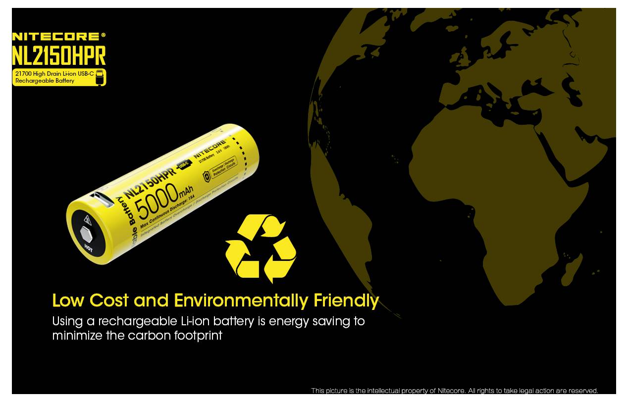 Nitecore NL2150HPR wiederaufladbare Li-Ionen-Batterie-Anzeige mit einer gelben 5000-mAh-Batterie, Recycling-Symbol und Weltkarte mit dem Text „Niedrige Kosten und umweltfreundlich" und einer Kohlenstoff-Fußabdruck-Nachricht.