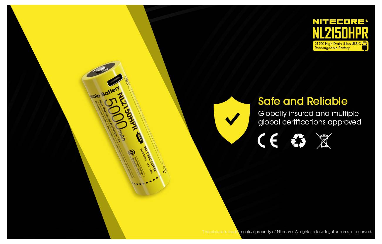 Werbegrafik für Nitecore NL2150HPR wiederaufladbare Batterie, zeigt eine gelbe 21700 Lithium-Ionen-Zelle und den Text „Sicher und zuverlässig" mit Zertifizierungssymbolen.