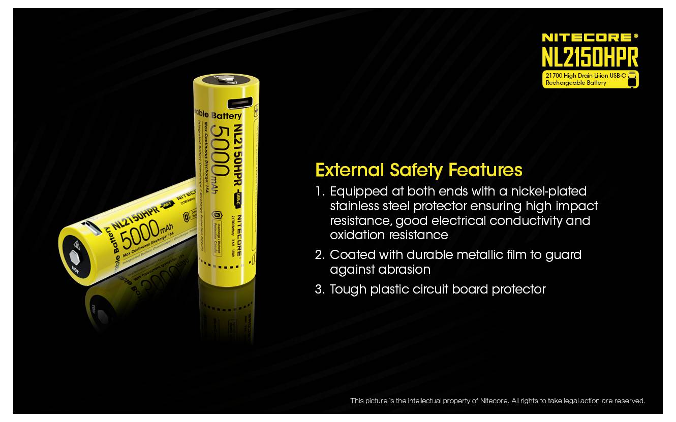 Nitecore NL2150HPR Batteriewerbung mit zwei gelben 5000-mAh-Lithium-Ionen-Zellen und Text, der externe Sicherheitsmerkmale auflistet: Stahlschutz, Verschleißschutzfolie und robuster PCB-Schutz.
