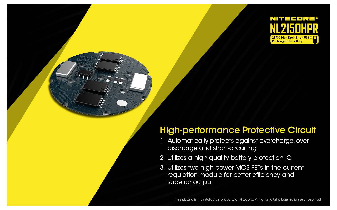 Produktgrafik für Nitecore NL2150HP Batterie mit einer Schutzschaltung und Text, der den hochleistungs-Schutz vor Überladung, Überentladung und Kurzschluss hervorhebt.