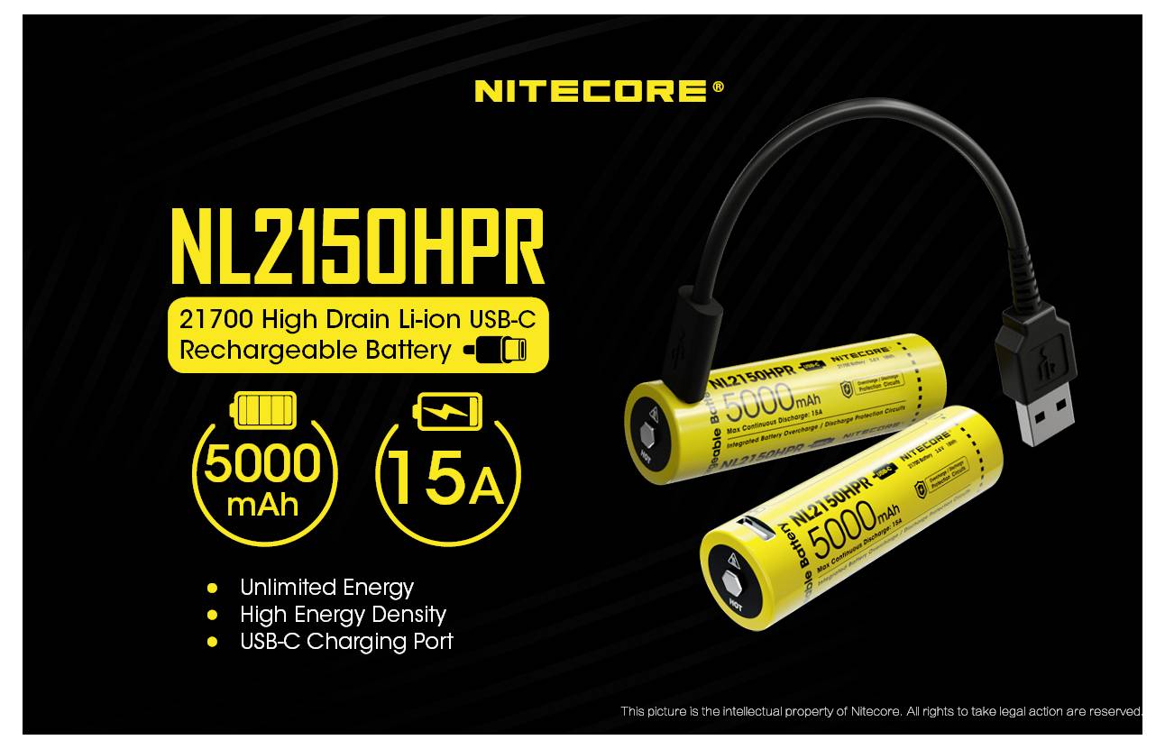 Nitecore NL2150HPR wiederaufladbare 21700 Li-Ion USB-C Batterie, mit 5000 mAh Kapazität, 15A Ausgang und mitgeliefertem USB-C Ladekabel.
