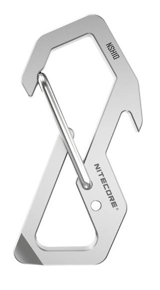 Silber-Karabinerhaken aus Metall mit Federverschluss, auf weißem Hintergrund abgebildet, beschriftet mit „NITFIDE