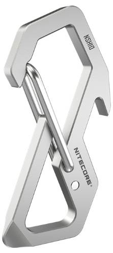 Silber-Aluminium-Karabinerhaken mit Spannverschluss, isoliert auf weißem Hintergrund.