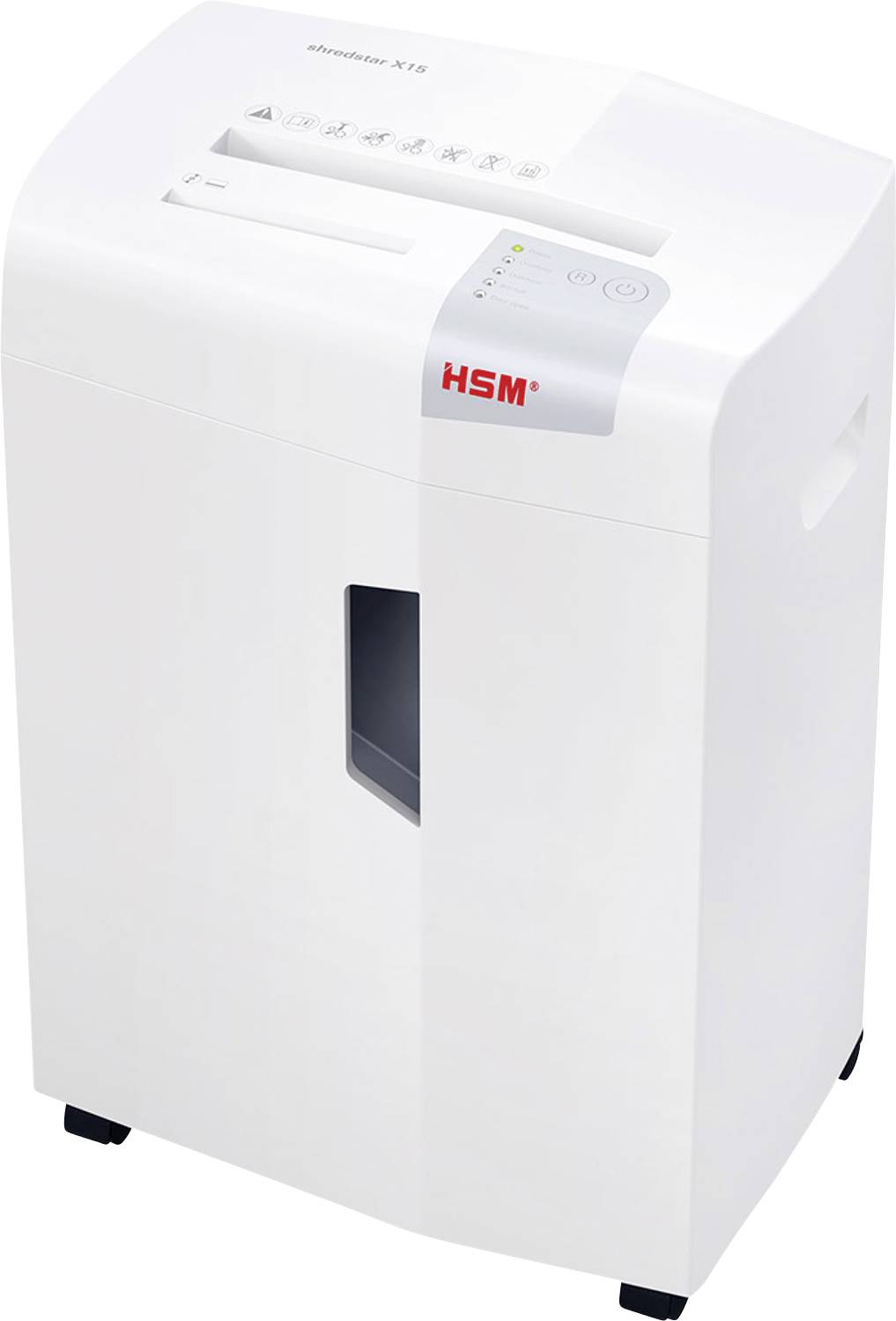 Weiße HSM-Papierschreddermaschine mit Steuerpanel oben und Sichtfenster vorne, gezeigt vor einfachem Hintergrund.
