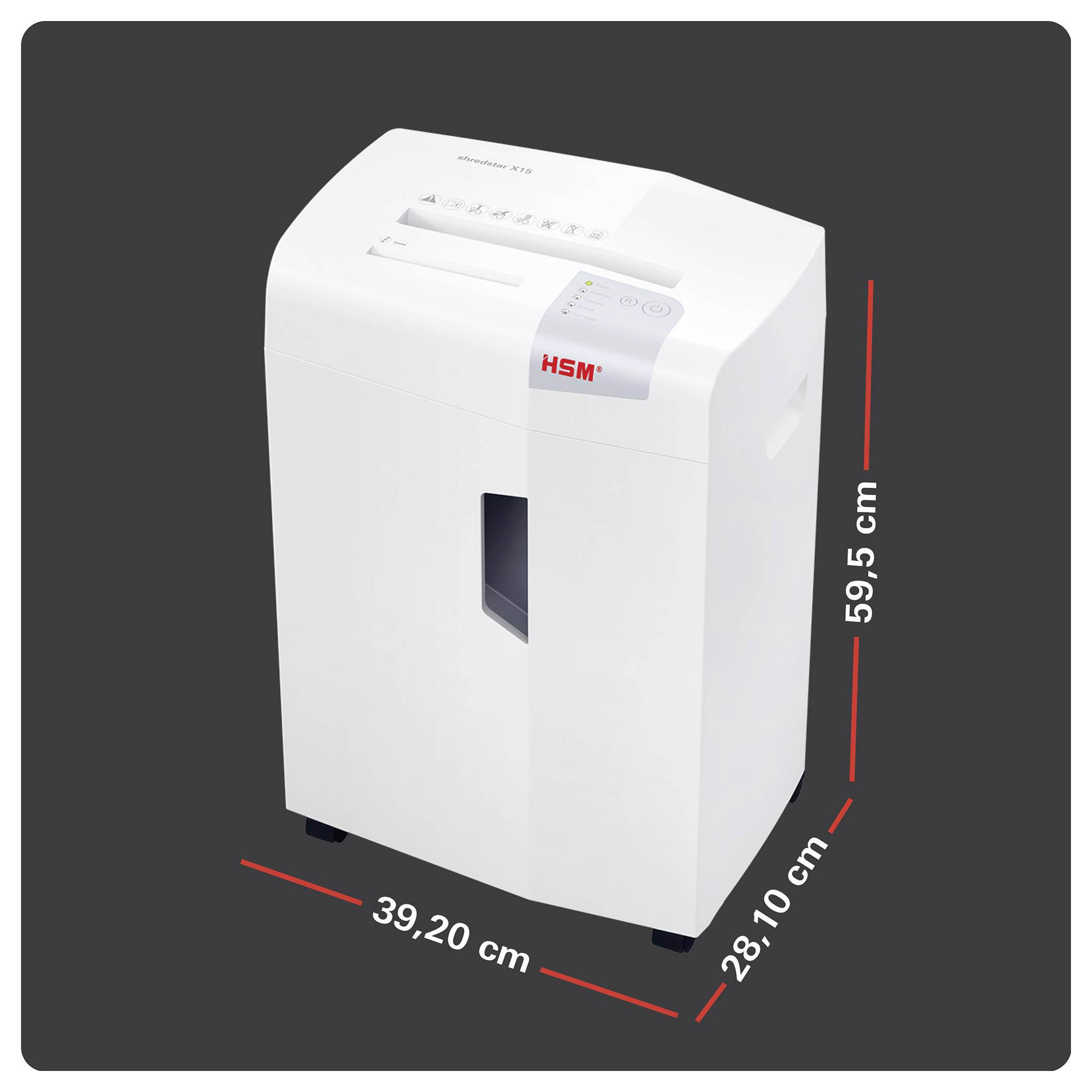 Weißer HSM-Papierschredder mit angegebenen Abmessungen: 59,5 cm hoch, 39,2 cm breit und 28,1 cm tief.