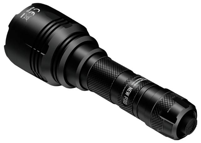Schwarze tragbare Taschenlampe mit strukturiertem Griff und breitem Kopf, dargestellt auf weißem Hintergrund.