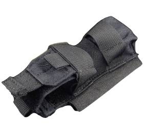 Schwarze gepolsterte taktische Holster oder Tasche mit Klettverschlussgurten, shown on a white background.